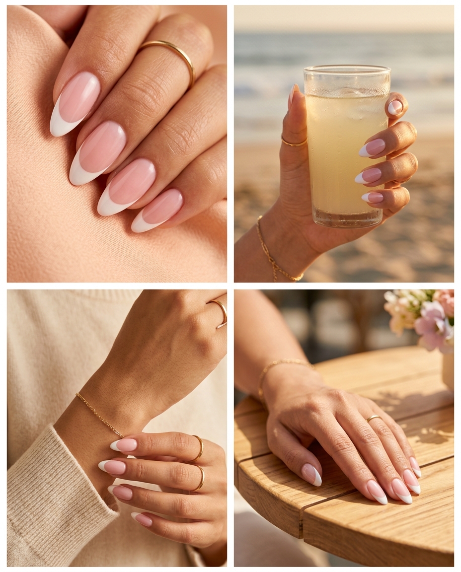 Peachy French Outline nails: nude base with soft peach French tips. Romantic summer classy nails 2026.