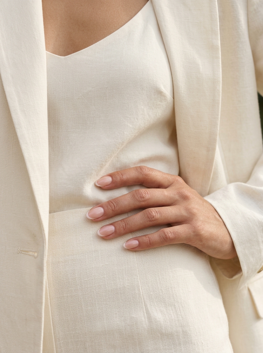 Minimalist summer classy nails 2026: Sheer nude with subtle white micro French tip for daily wear.