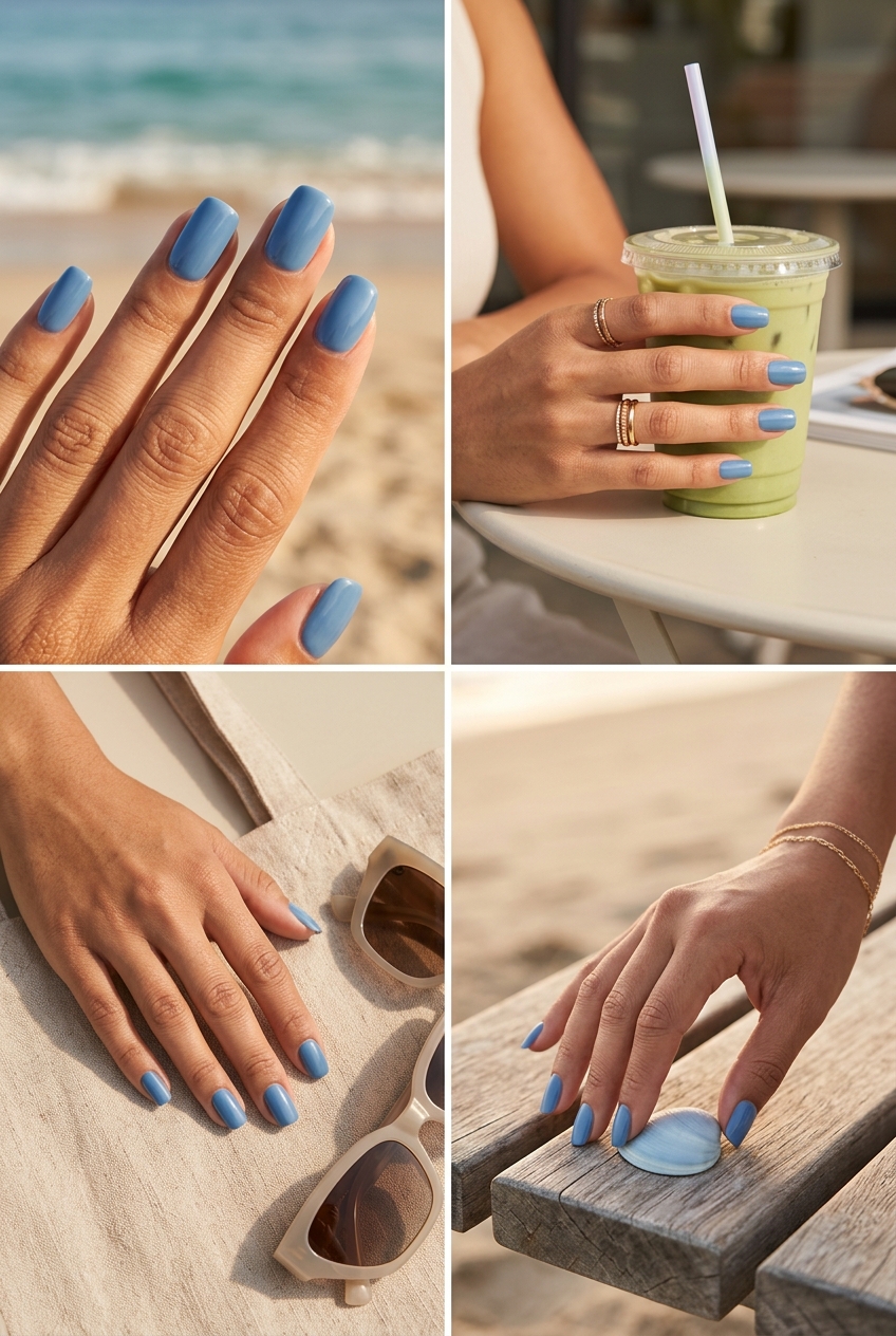 Dreamy sky blue glazed pearl nails for summer classy nails 2026. Chic and luminous for parties and vacations.