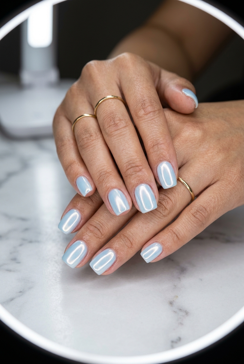 Glamorous summer classy nails 2026: Sky blue glazed pearl effect on extra-long stiletto nails for parties.