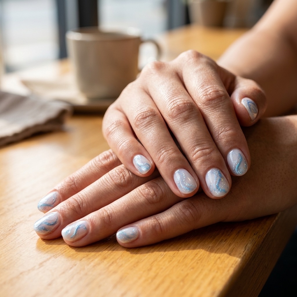 Holographic Ocean Swirls Nails 2026 Holographic Ocean Swirls Almond nails for summer glitter nails 2026. Dreamy beach vibes.