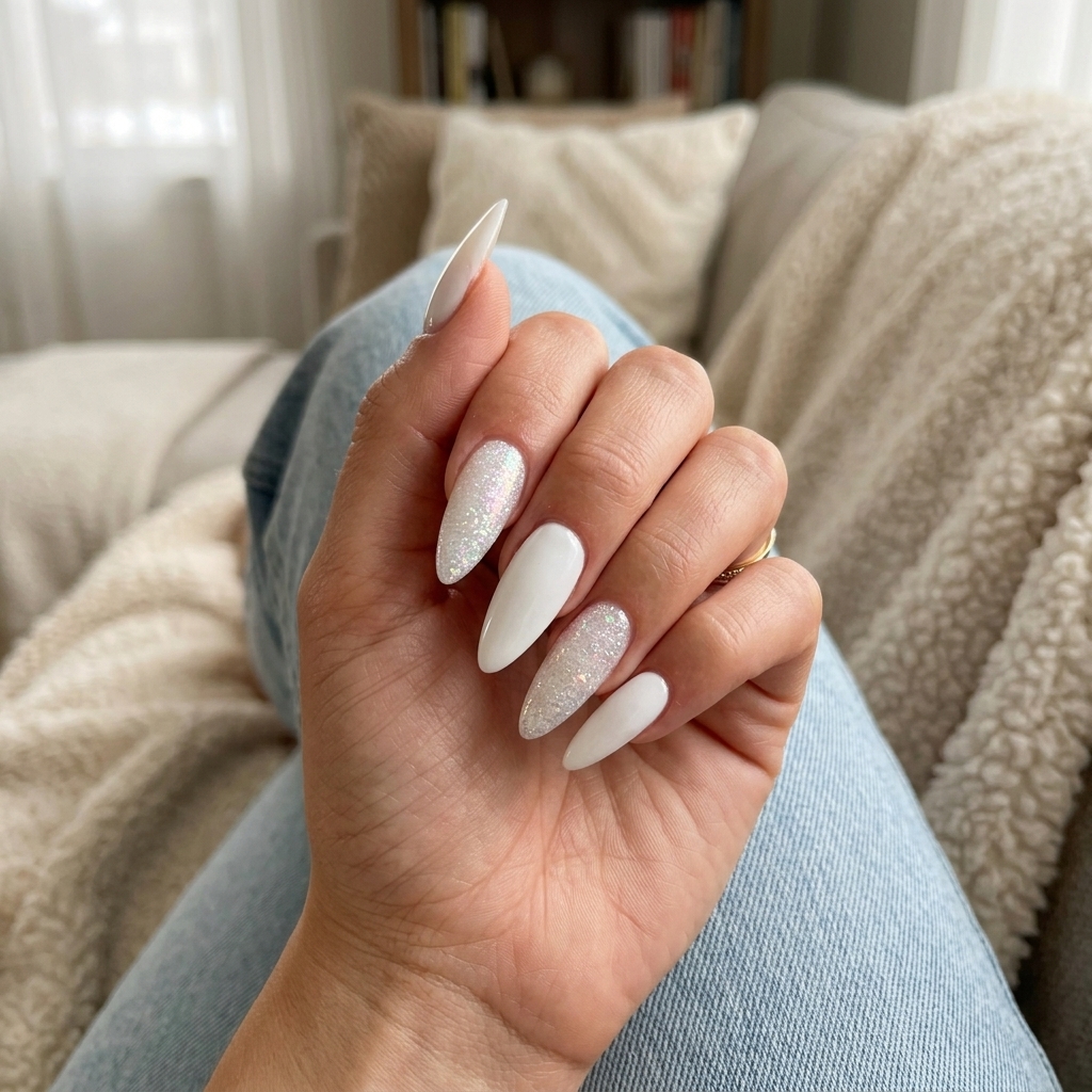 Summer Glitter Nails 2026: Iridescent Statement Summer glitter nails 2026: Glamorous iridescent white glitter statement on short square nails.