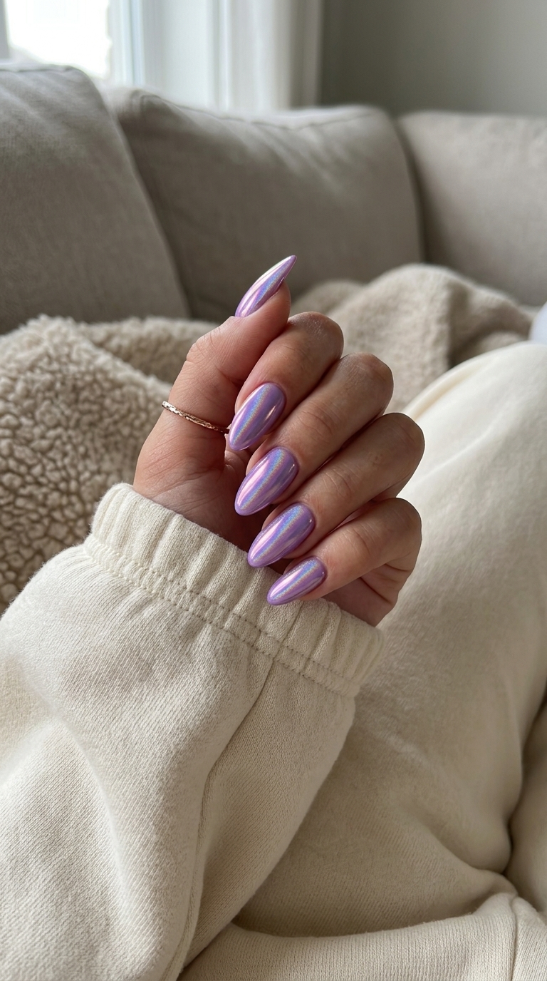 Summer Glitter Nails 2026: Lavender Chrome Party Futuristic lavender holographic chrome nails for summer glitter nails 2026, ideal for parties and night outs.