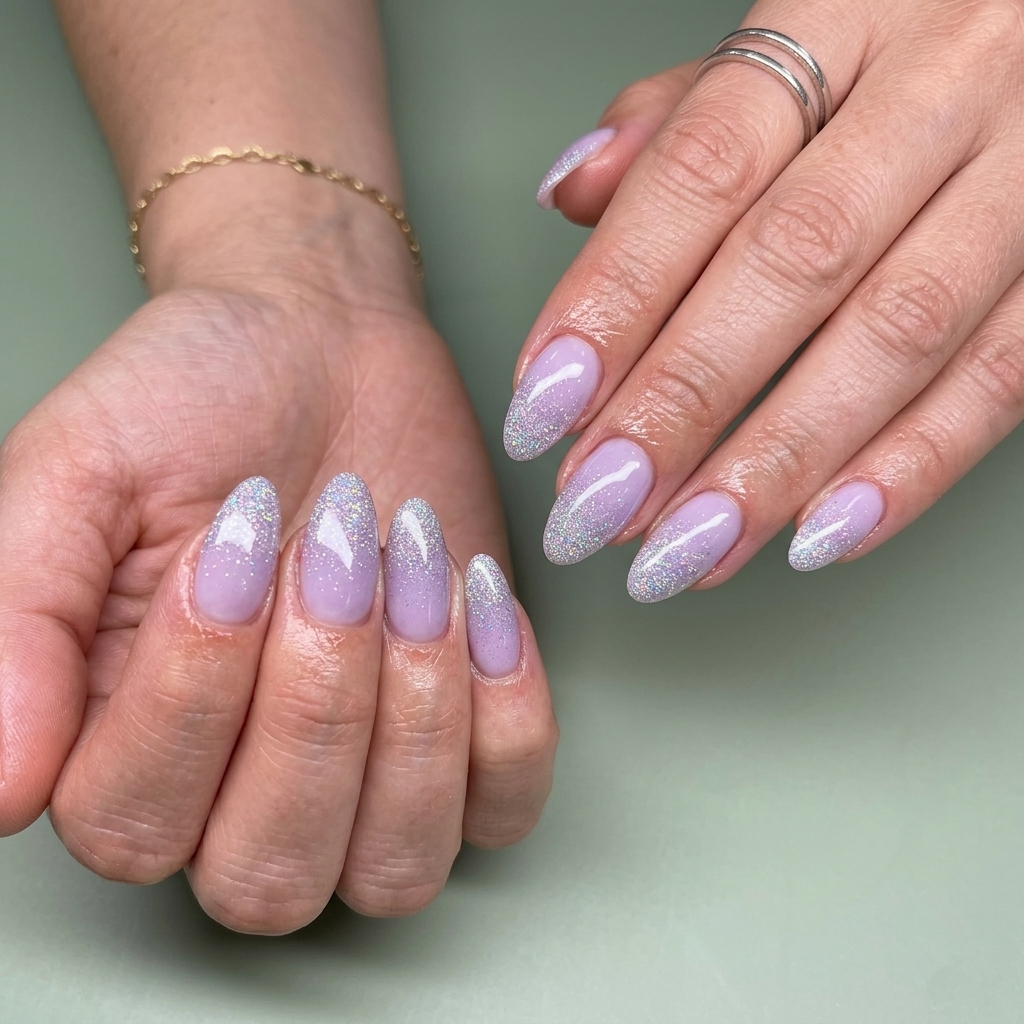 Summer Glitter Nails 2026: Lavender Ombre Dream Lavender holographic glitter ombre nails for summer glitter nails 2026, perfect for vacation, festivals, and parties.