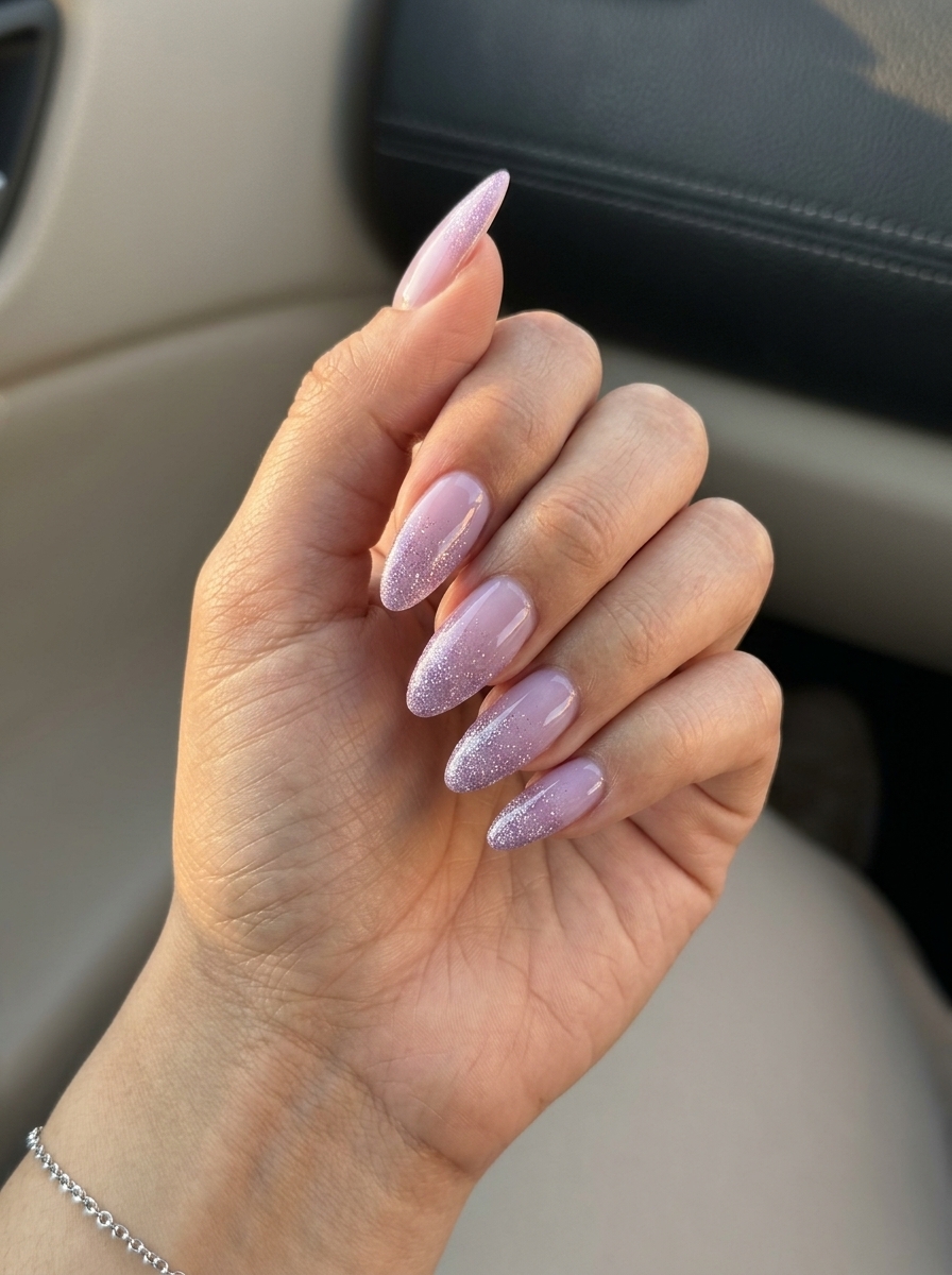 Lavender Glitter Ombre Nails 2026 Lavender Glitter French Ombre nails for summer glitter nails 2026. Romantic and ethereal for events.