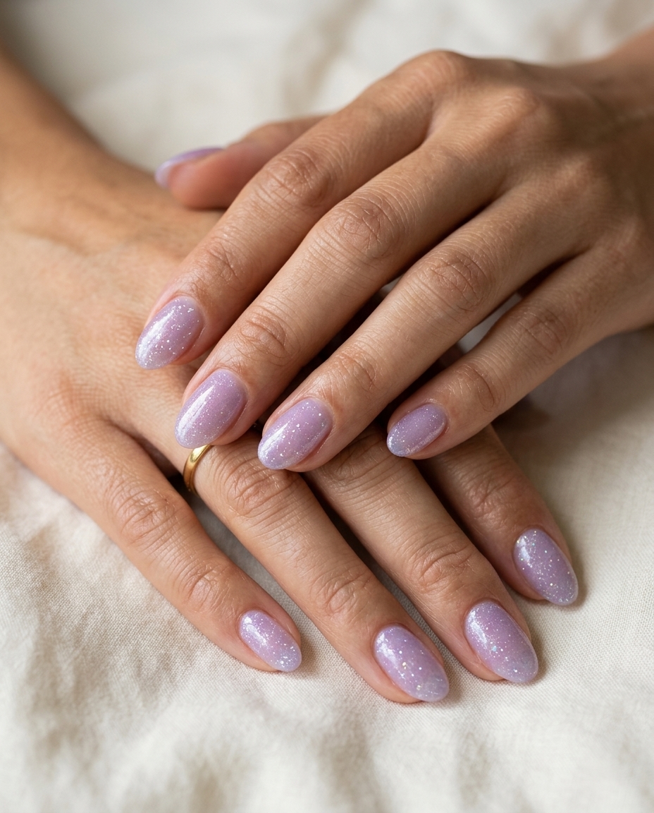 Summer Glitter Nails 2026: Lavender Glitter Overlay Summer glitter nails 2026: Romantic lavender sheer glitter overlay for weddings & date nights.