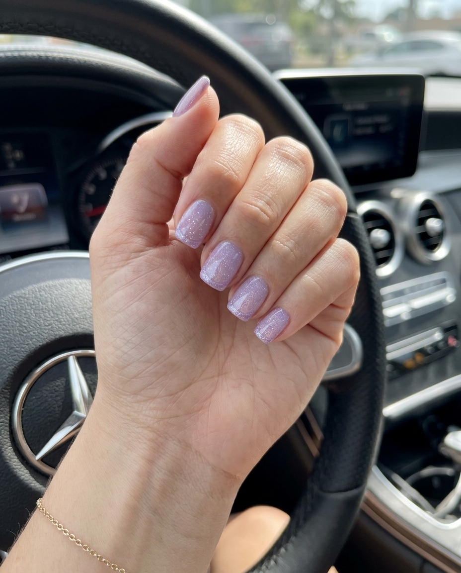 Summer Glitter Nails 2026: Lavender Sheer Romance Romantic sheer lavender glitter overlay nails for summer glitter nails 2026, perfect for weddings and date nights.