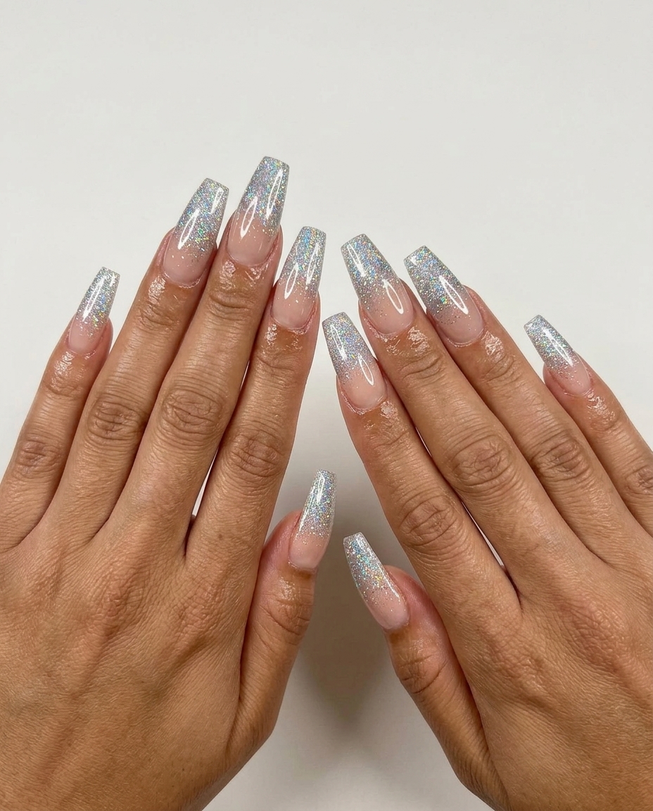 Nude Holographic Ombre Nails 2026 Nude Silver Holographic Ombre nails for summer glitter nails 2026. Glamorous for parties.