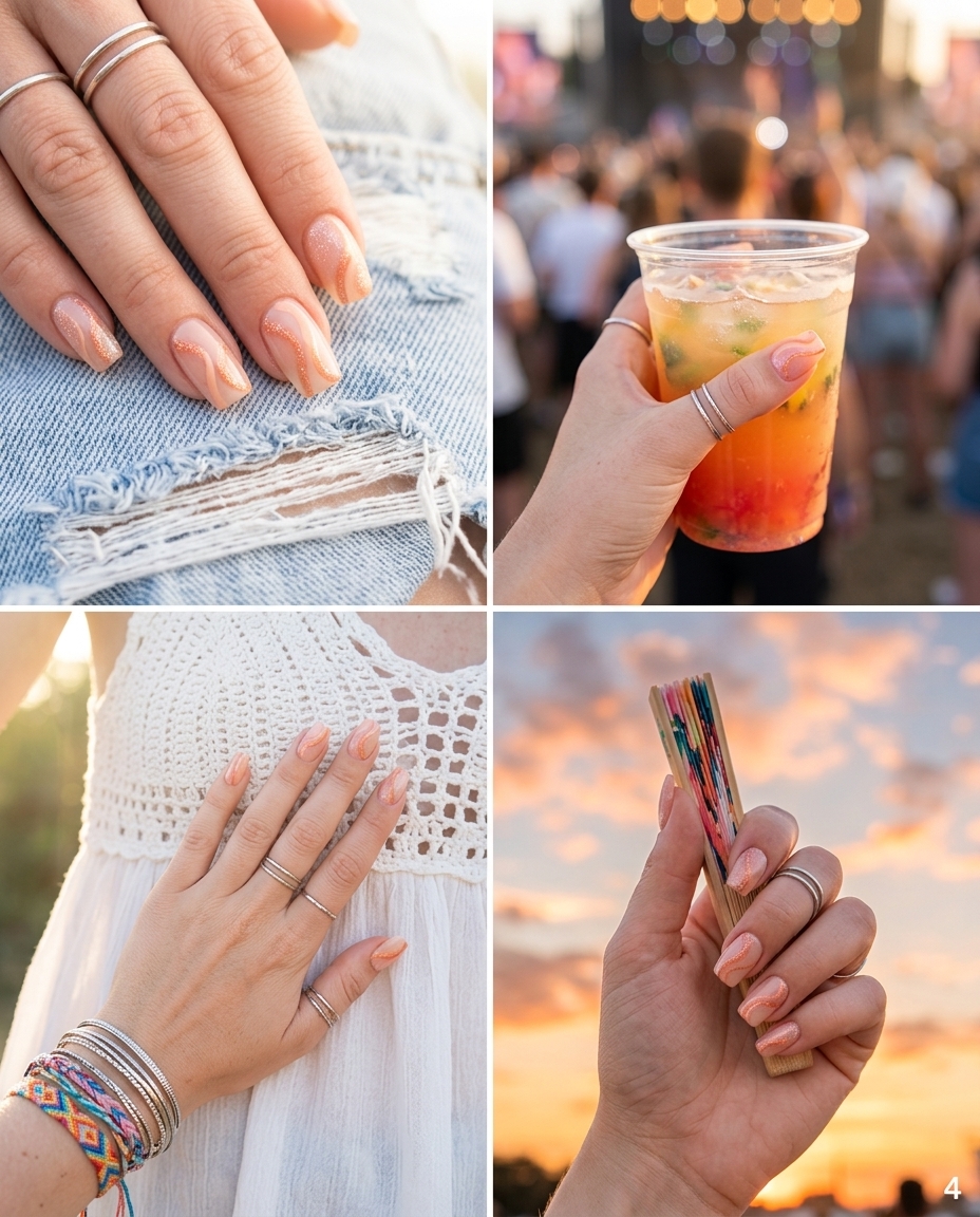 Summer Glitter Nails 2026: Nude Peach Abstract Elegance Elegant nude peach glitter abstract line nails for summer glitter nails 2026, perfect for date nights and art galleries.