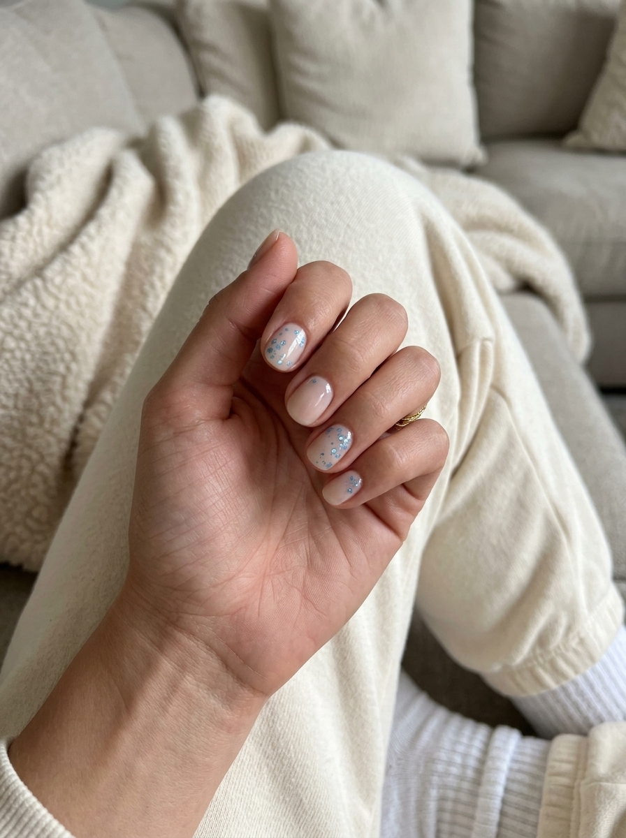 Summer Glitter Nails 2026: Nude Glitter Dots Summer glitter nails 2026: Chic nude with sky blue glitter dots for casual summer outings.