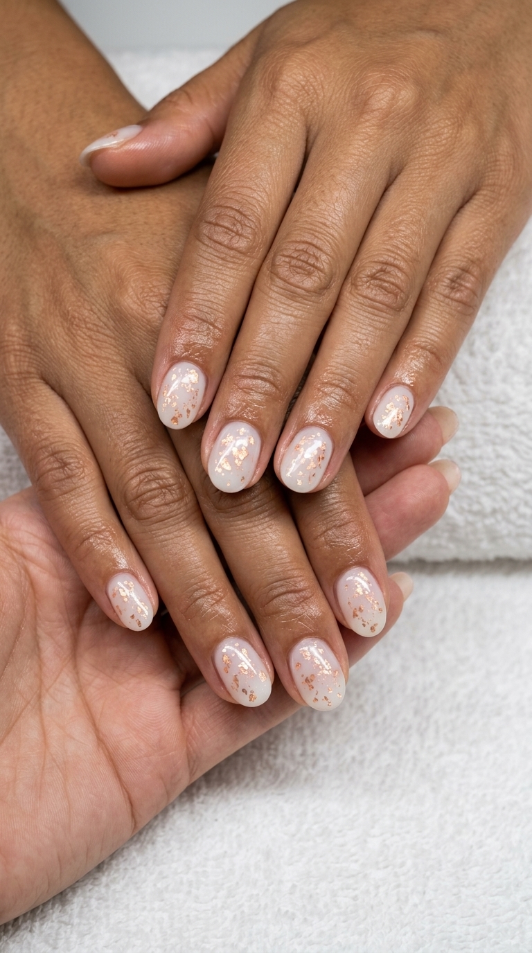 Peach Foil Flake Shimmer nails for summer glitter nails 2026. Whimsical festival style.