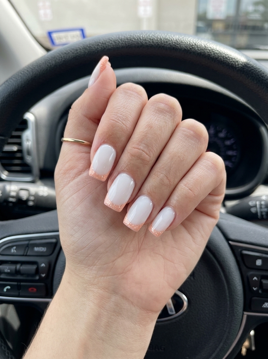 Summer Glitter Nails 2026: Peach Glitter French Summer glitter nails 2026: Minimalist peach micro glitter French tips for daily wear.