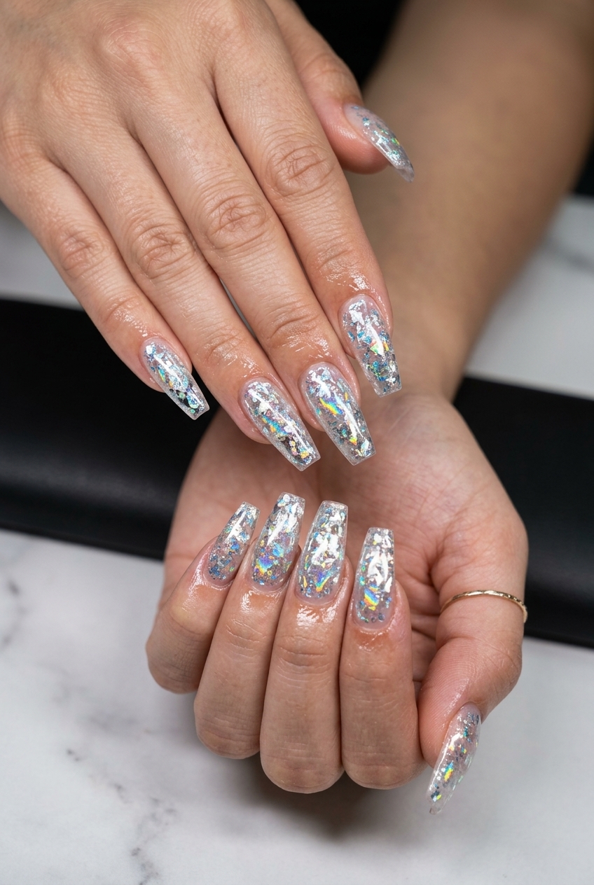 Summer Glitter Nails 2026: Stiletto Nebula Summer glitter nails 2026: Dazzling silver holographic flakes on extra-long stiletto nails.