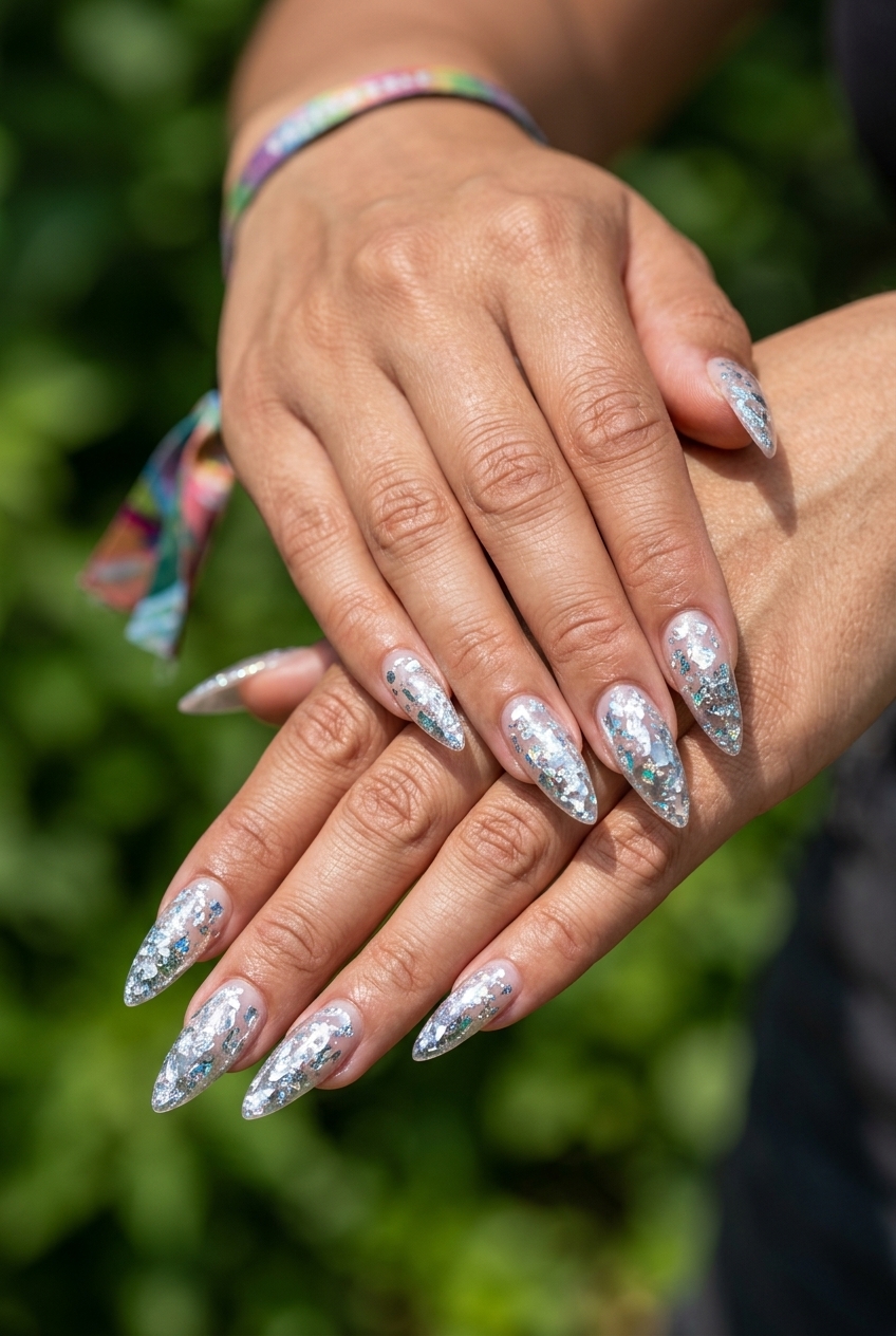 Summer Glitter Nails 2026: Stiletto Flakes Summer glitter nails 2026: Edgy silver holographic flakes on stiletto nails for festivals & night outs.