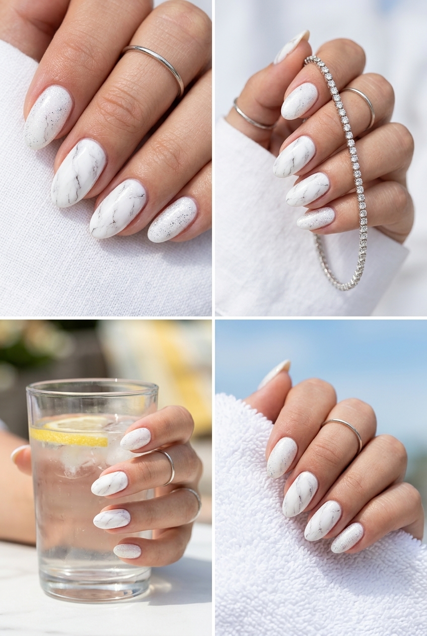 Silver Glitter Marble Nails 2026 Silver Glitter Marble Effect Elegance nails for summer glitter nails 2026. Sophisticated for events.