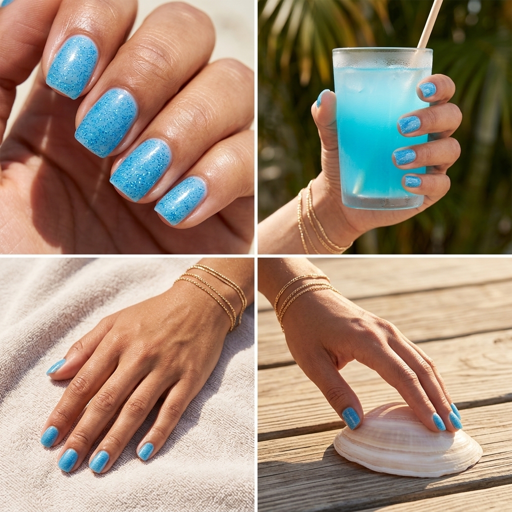 Sky Blue Jelly Sparkle Nails 2026 Sky Blue Jelly Sparkle nails with fine blue glitter for summer glitter nails 2026. Perfect for vacation.
