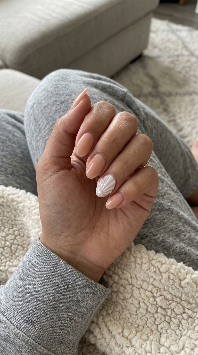 Summer Holiday Nails 2026: Bohemian Nude Shell Accents Coastal Nude Shell Accent nails: sheer nude with iridescent 3D seashell for beach vacation.