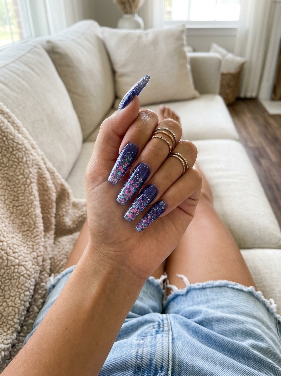 Summer Holiday Nails 2026: Futuristic Cosmic Glitter Gradient Cosmic Glitter Spectrum Gradient nails: indigo with holographic glitter gradient for festivals.