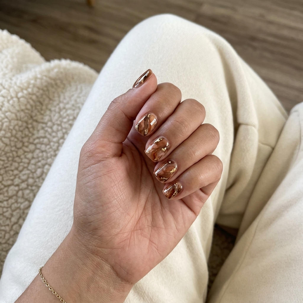 Summer Holiday Nails 2026: Sophisticated Earthy Marble Gold Earthy Marble with Gold Flecks nails: brown marble with gold for business casual.