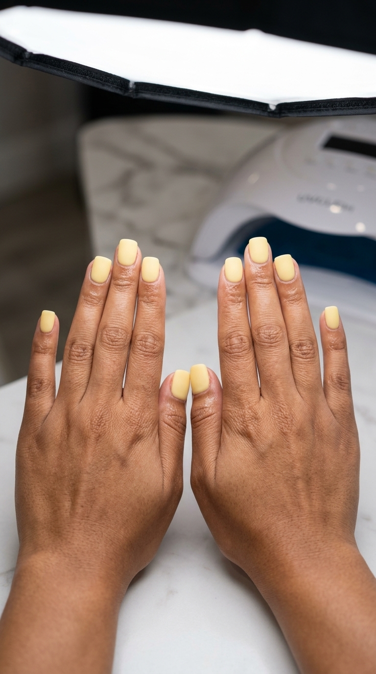 Summer Holiday Nails 2026: Sophisticated Matte Butter Yellow Golden Hour Matte Butter Yellow nails: creamy yellow with velvet matte finish for daily wear.