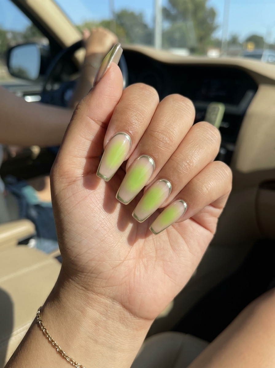 Lime Green Chrome Aura Nails 2026 | Edgy Weekend Style Lime Green Chrome Aura nails for summer holiday nails 2026. Edgy lime green aura with silver chrome accent for casual weekends.