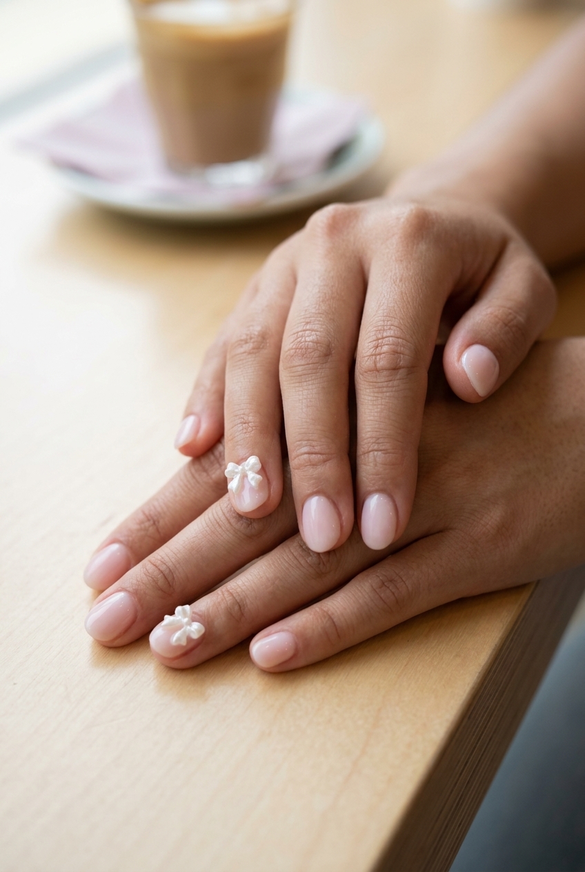 Peach Fuzz 3D Bow Nails 2026 | Romantic Date Night Peach Fuzz Milk Bath 3D Bows nails for summer holiday nails 2026: whimsical, feminine look for date nights.