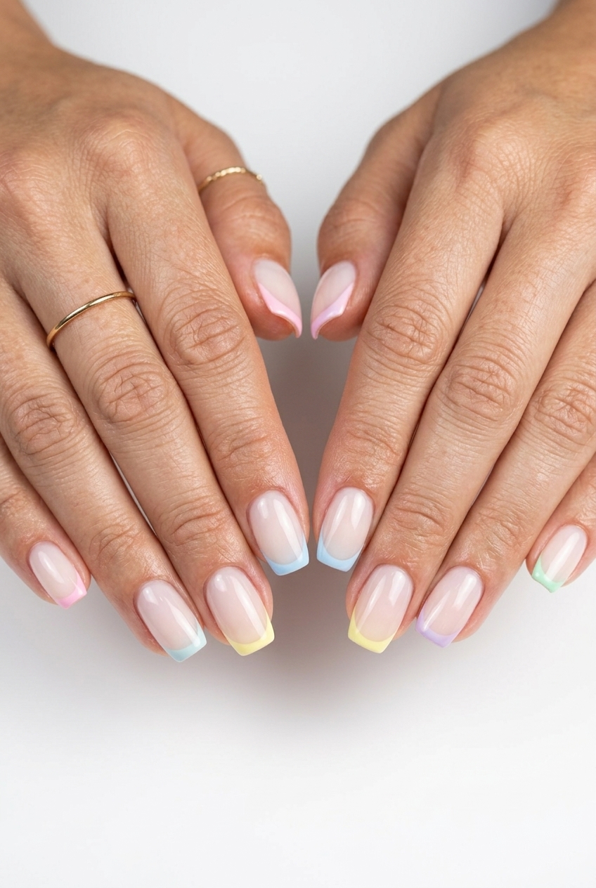 Summer Holiday Nails 2026: Whimsical Pastel Micro French Tips Rainbow Cloud Micro French nails: pastel tips on sheer base for casual weekend style.