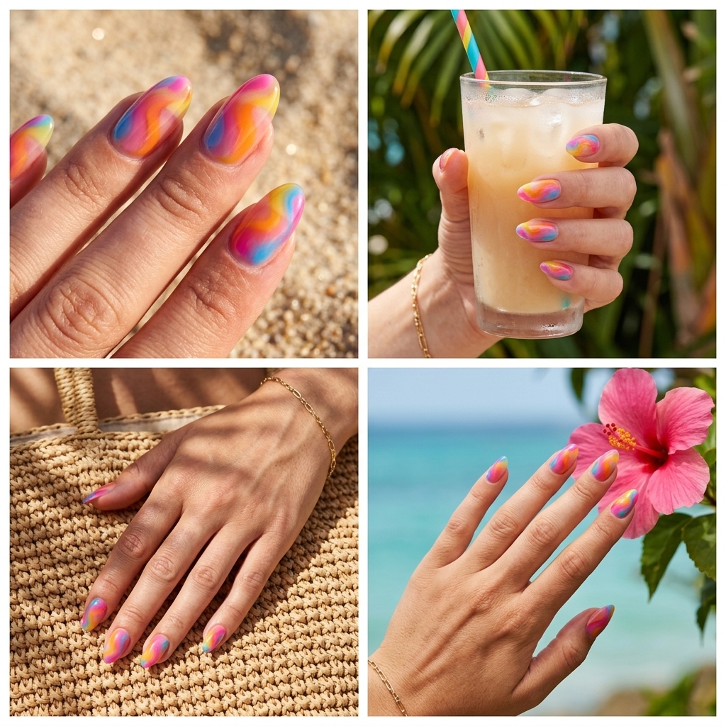 Summer Holiday Nails 2026: Playful Jelly Swirls Rainbow Sherbet Jelly Swirls nails: translucent pink, orange, yellow, blue swirls for festival.
