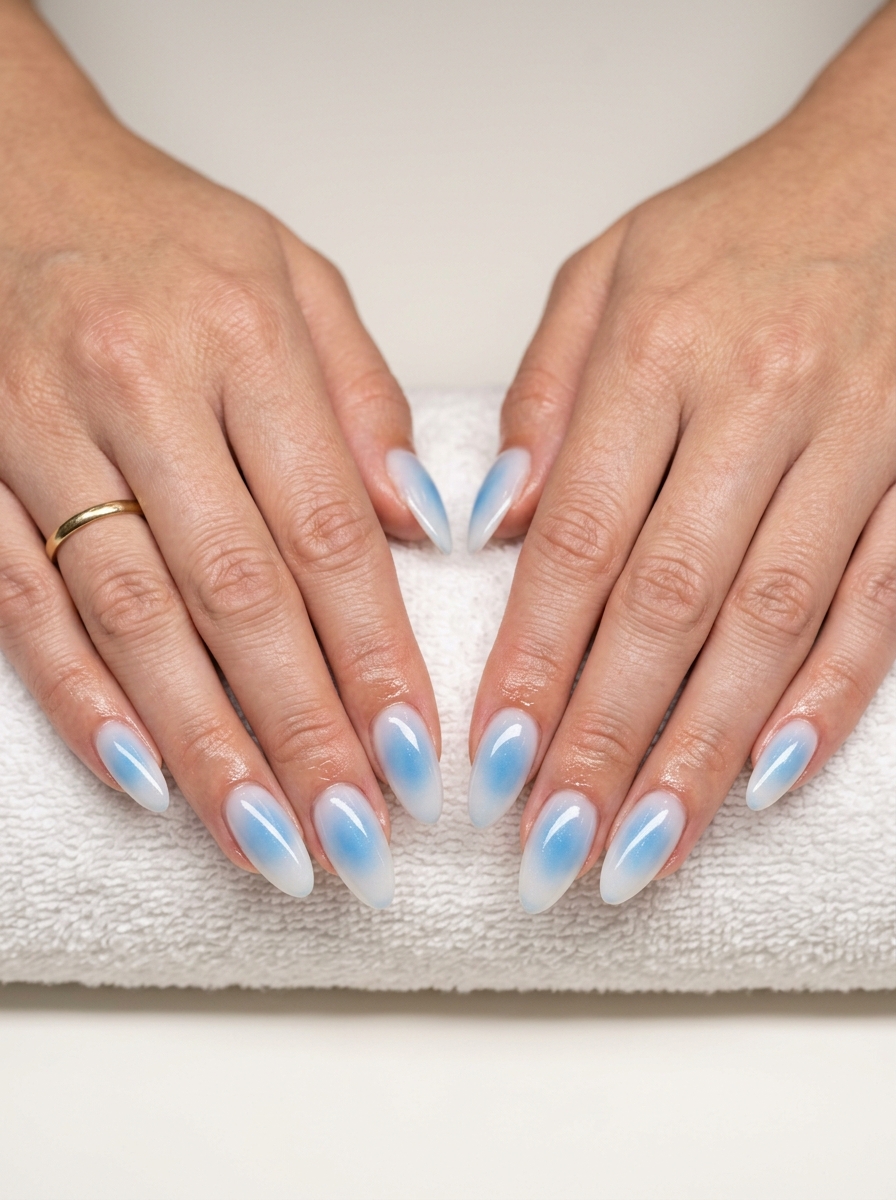 Celestial Sky Blue Aura nails for vacation, a dreamy summer nail manicure idea 2026.