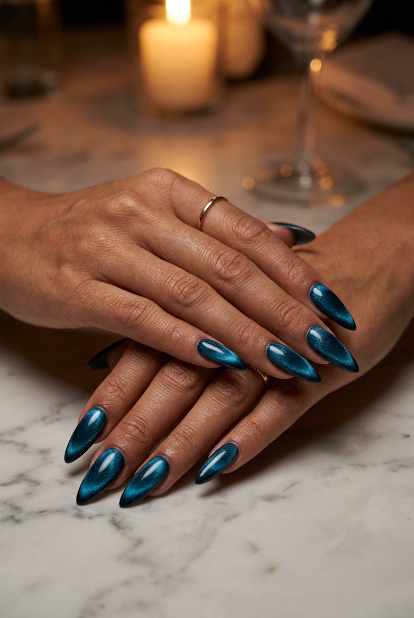 Deep teal velvet cat-eye nails for summer 2026 date night outfits. Sultry, mysterious, luxurious.
