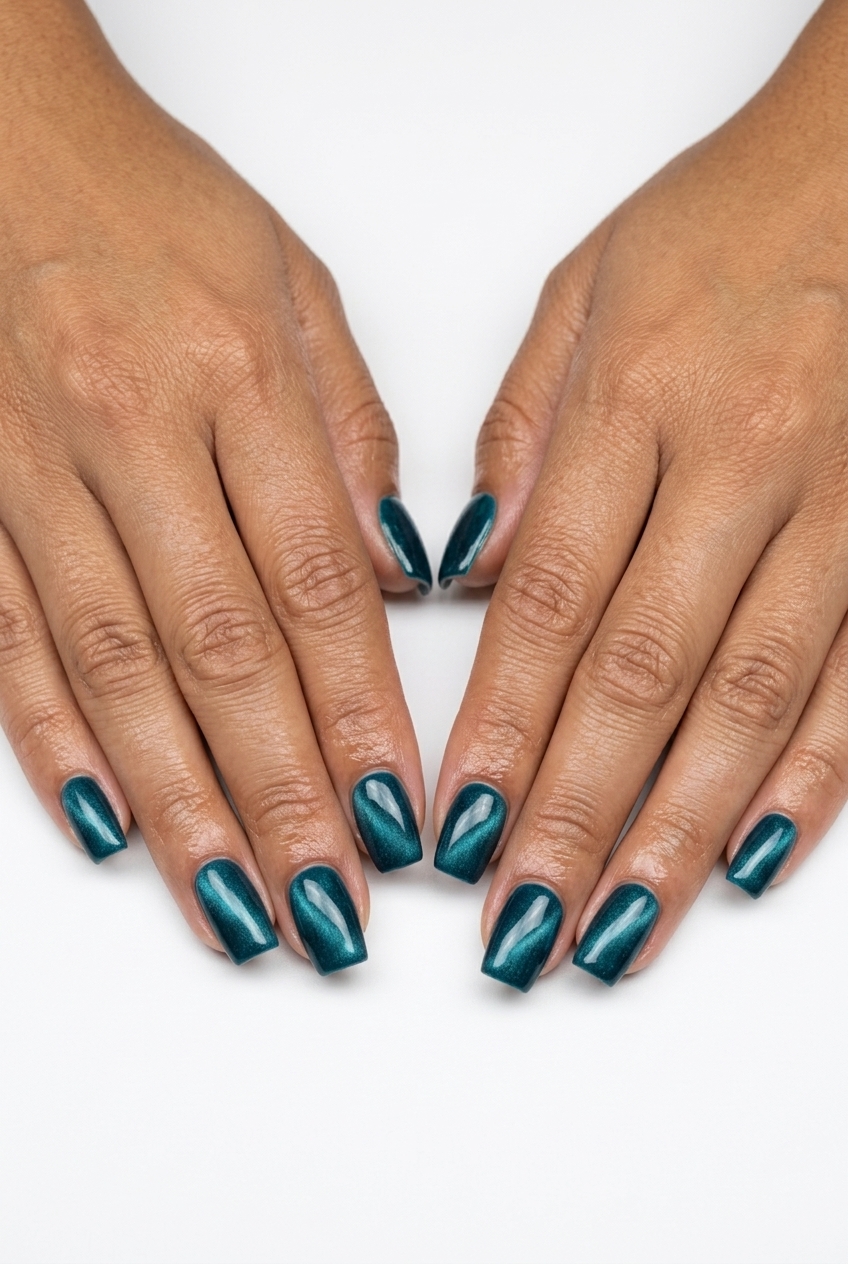 Deep teal velvet cat-eye nails for summer 2026 evening outfits. Sultry, mysterious, luxurious.