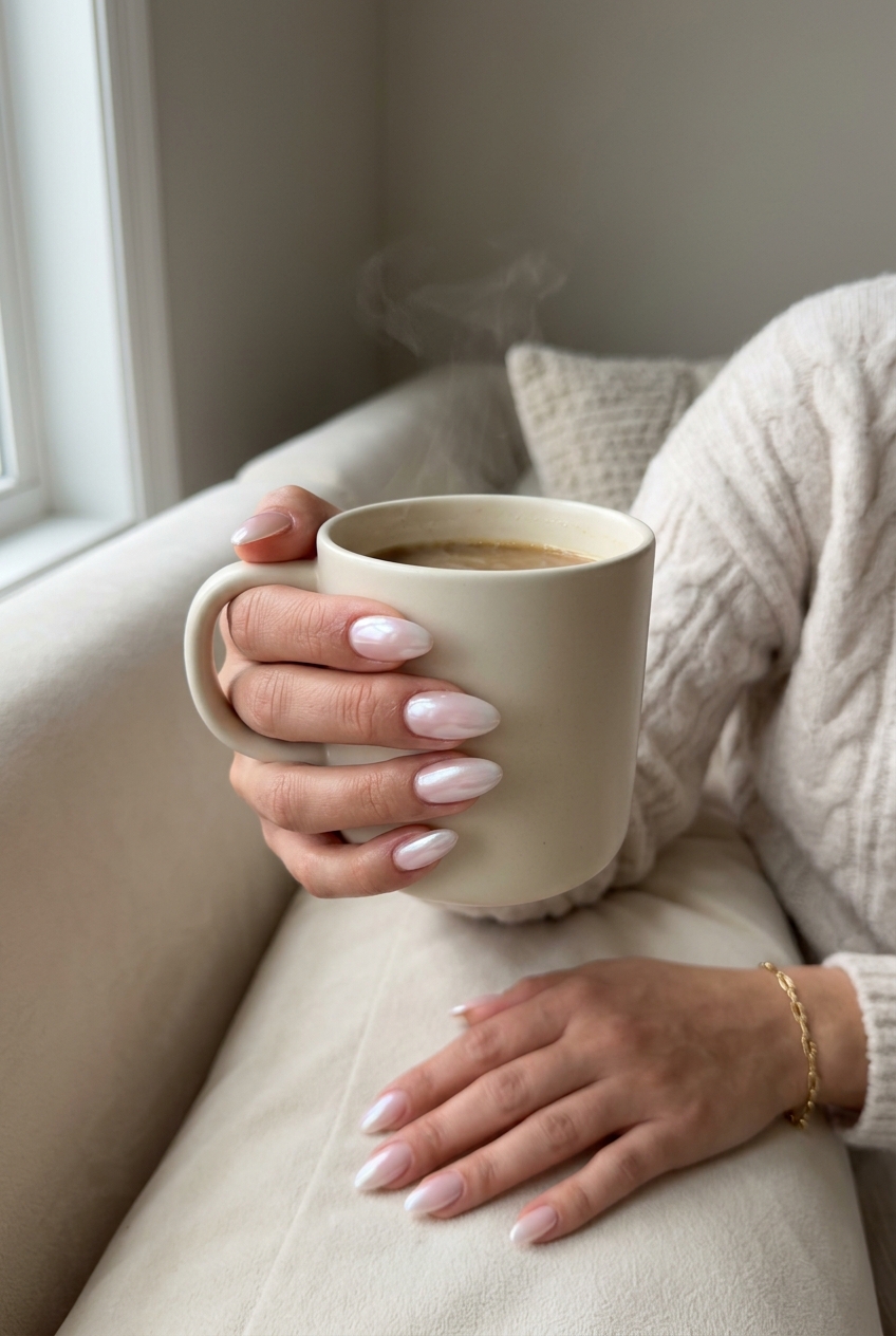 Luminous pearl French tip nails for summer 2026 wedding outfits. Sophisticated, elegant, luminous.