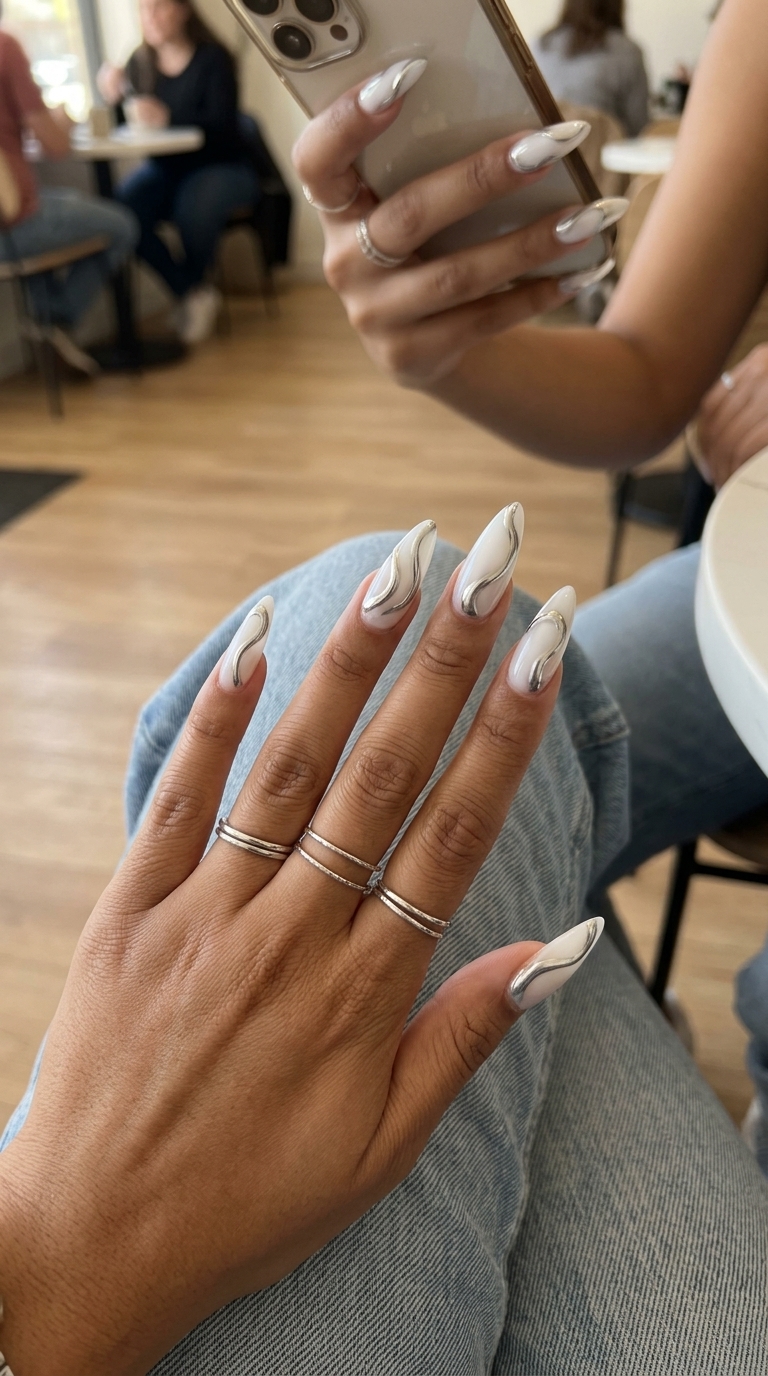 Metallic silver abstract swirls nails for summer 2026 party outfits. Futuristic, artistic, chic.