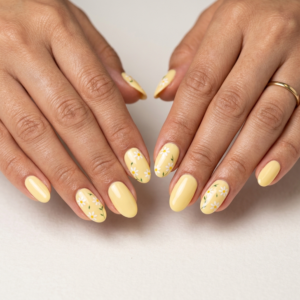 Pastel yellow nails with white daisy decals for garden parties and casual outings. Sweet summer nail manicure ideas 2026.