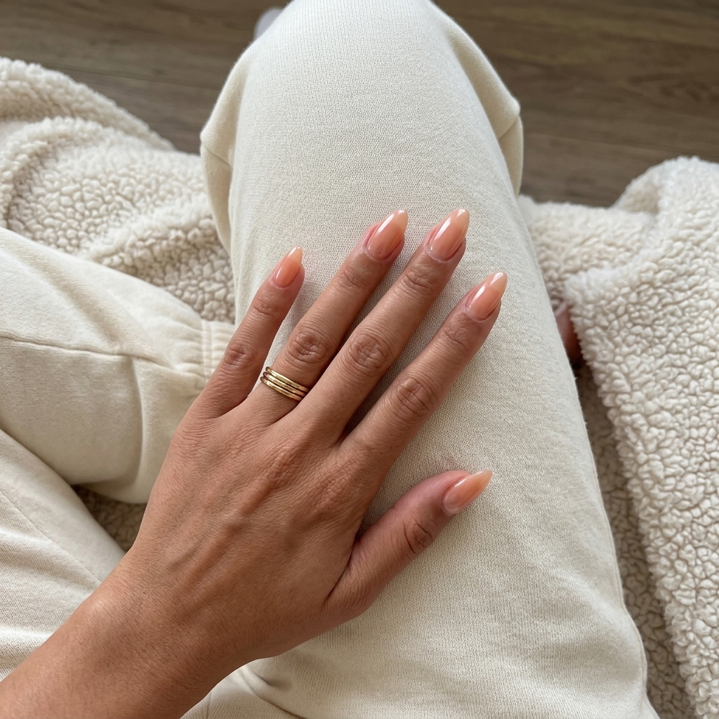 Sheer peach jelly almond nails with pearlescent glaze, perfect for vacation and daily wear. Radiant summer nail manicure ideas 2026.