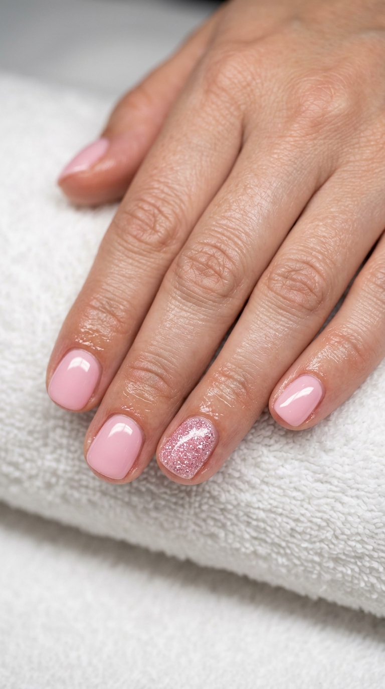 Light pink nails with a fine pink micro-glitter accent on the ring finger. Minimalist summer nail manicure ideas 2026.