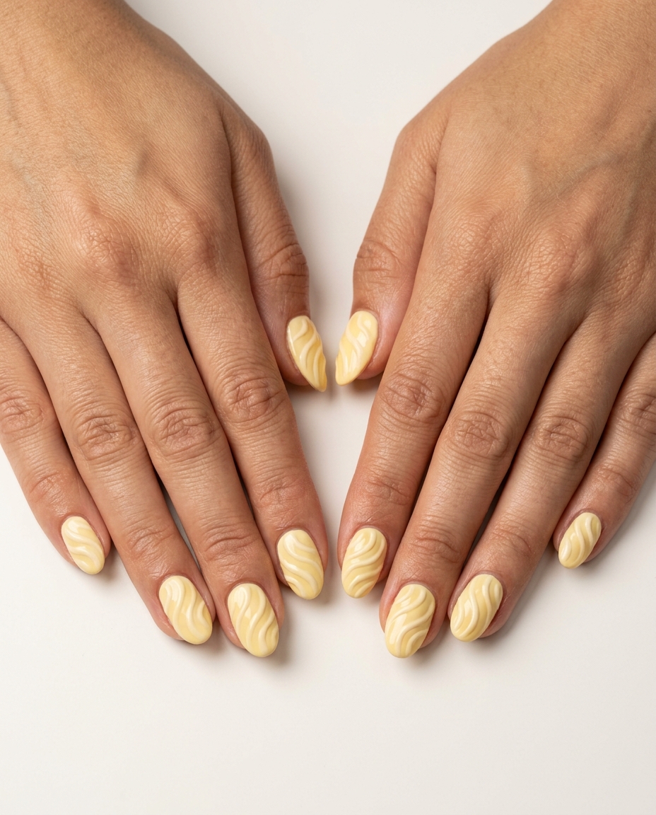 Textured buttercream swirls nails for summer 2026 casual outfits. Whimsical, playful, artistic.