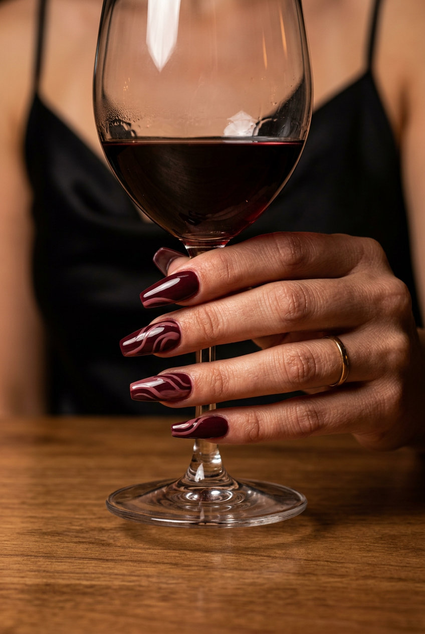 Burgundy Abstract Art Coffin Nails 2026: Artistic Sophistication Sophisticated burgundy abstract art coffin nails for summer nails coffin 2026 formal event.