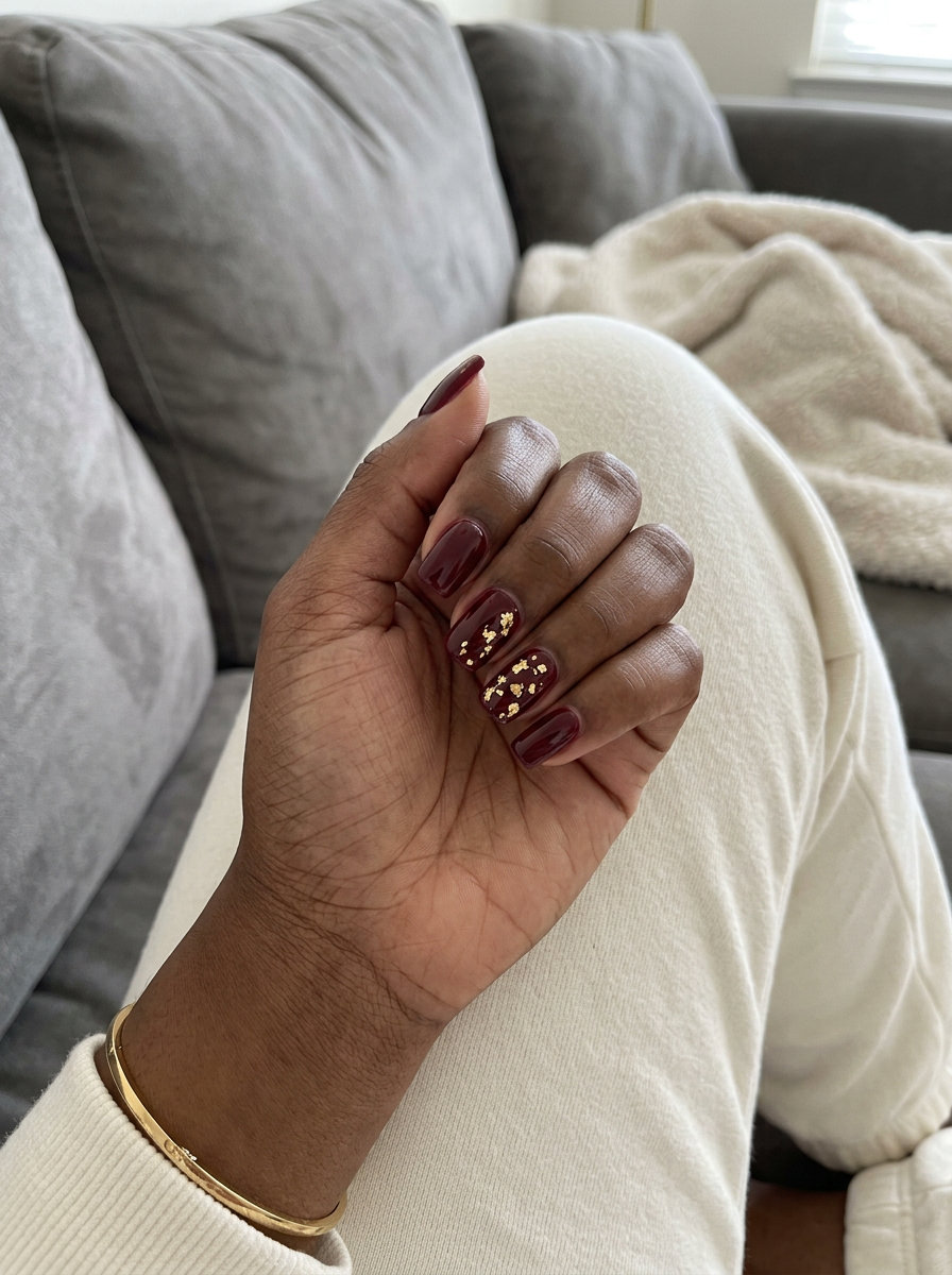 Glamorous burgundy gold foil coffin nails for summer nails coffin 2026 party outfit.