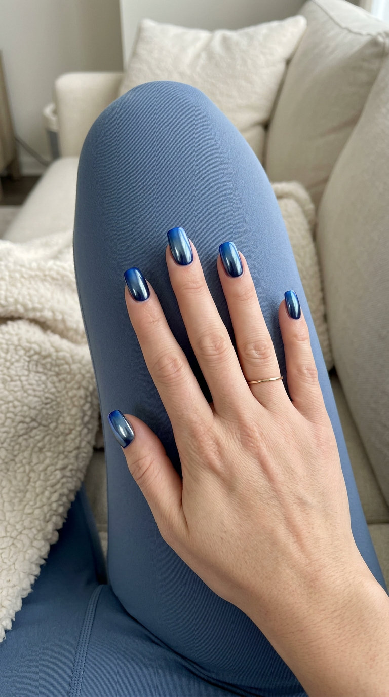 Chrome Horizon Ombre Square Nails 2026: Edgy Festival Style Futuristic navy to cobalt blue chrome ombre square nails for summer nails coffin 2026 festival.