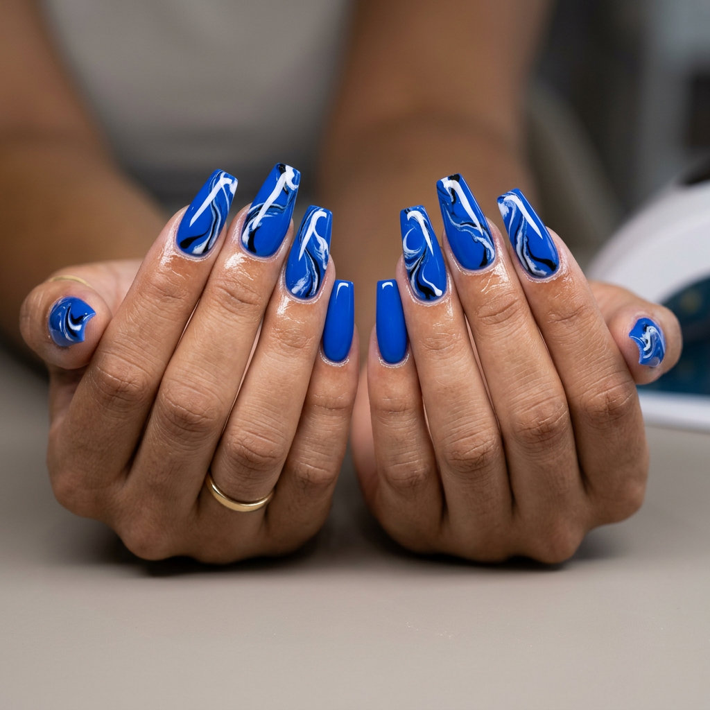 Cobalt Blue Marble Nails 2026 Cobalt Blue Abstract Marble coffin nails for summer nails coffin 2026, glamorous for parties and date nights.