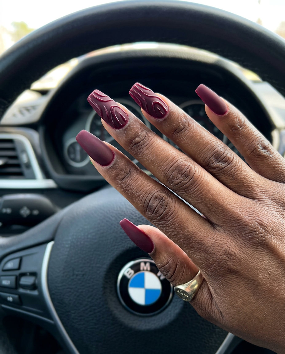 Deep Burgundy 3D Gel Nails 2026 Deep Burgundy 3D Gel Detail coffin nails for summer nails coffin 2026, sultry for date nights and formal events.