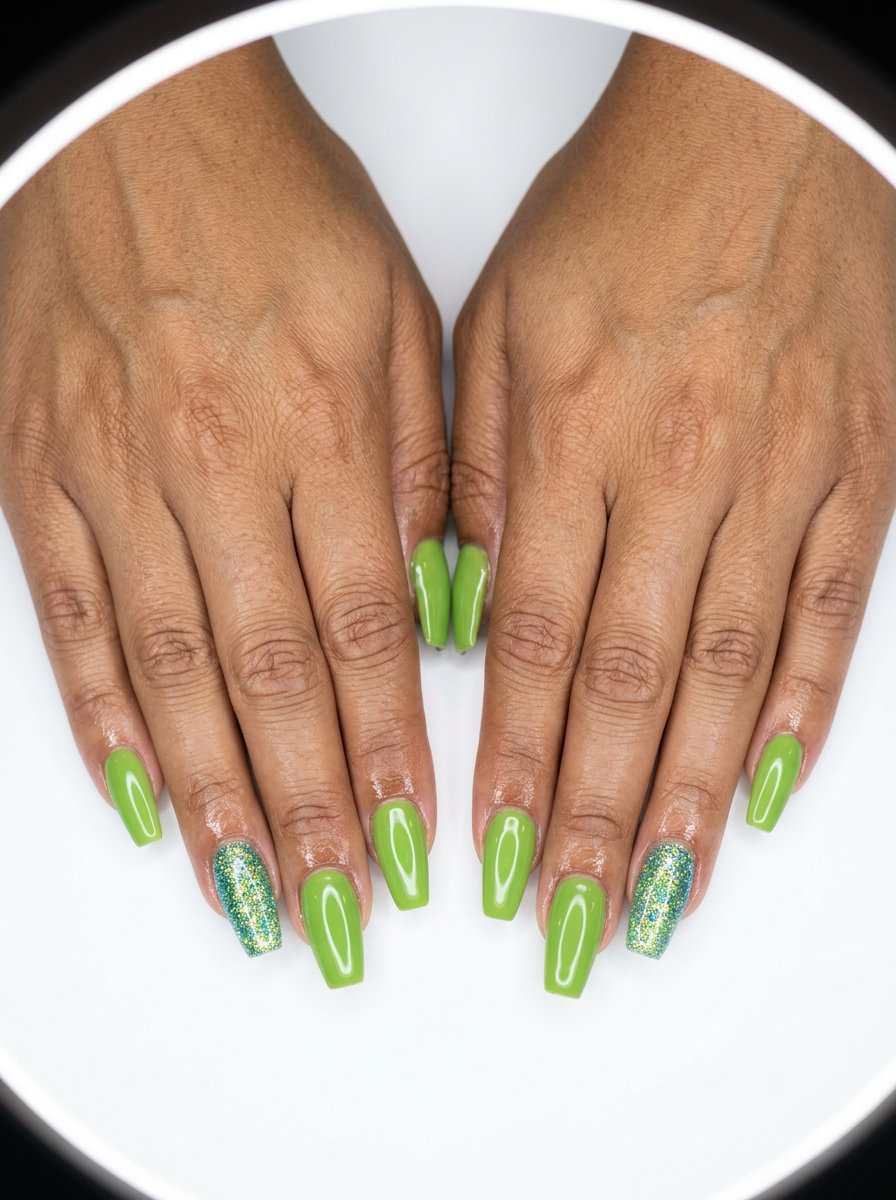 Lime Green Glitter Accent Coffin Nails 2026: Fun Festival Style Playful lime green glitter accent coffin nails for summer nails coffin 2026 festival outfit.