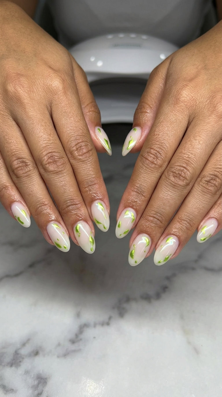 Lime Chrome Dewdrop Coffin Nails 2026: Modern Casual Minimalist sheer nude coffin nails with lime green chrome dewdrop accents for summer nails coffin 2026.