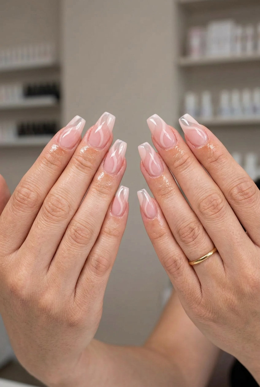 Nude Negative Space Swirl Coffin Nails 2026 | Chic Minimalist Style Nude negative space swirl coffin nails 2026 for daily wear, work, and minimalist style. Chic & artistic.