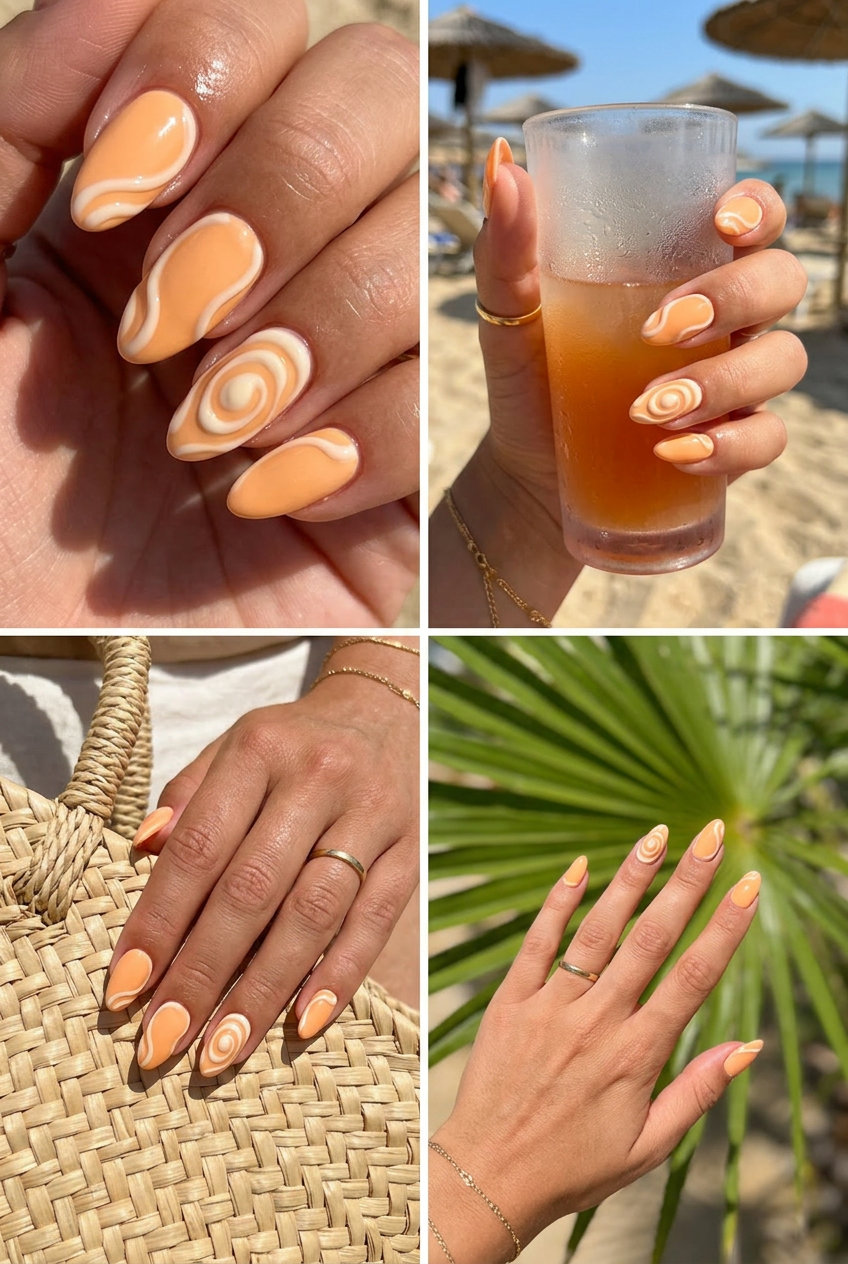Textured Peach Bloom Coffin Nails 2026: Romantic Occasion Romantic peach fuzz coffin nails with 3D white swirls for summer nails coffin 2026 wedding.