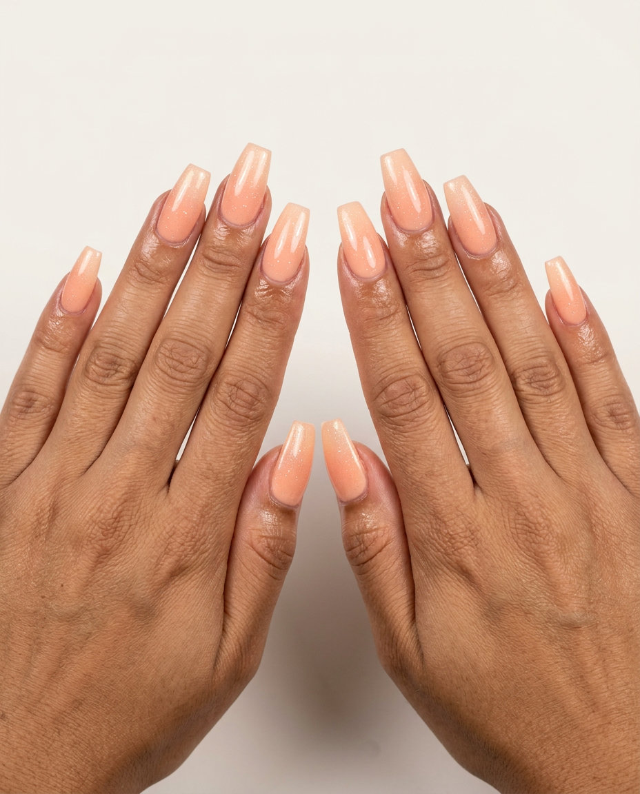 Peach Sunset Gradient Coffin Nails 2026: Romantic Glam Romantic peach sunset gradient coffin nails for summer nails coffin 2026 wedding guest outfit.