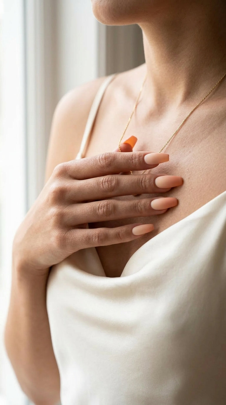 Peach Fuzz Ombre Coffin Nails 2026: Romantic Elegance Soft peach fuzz vertical ombre coffin nails for summer nails coffin 2026 wedding outfit.