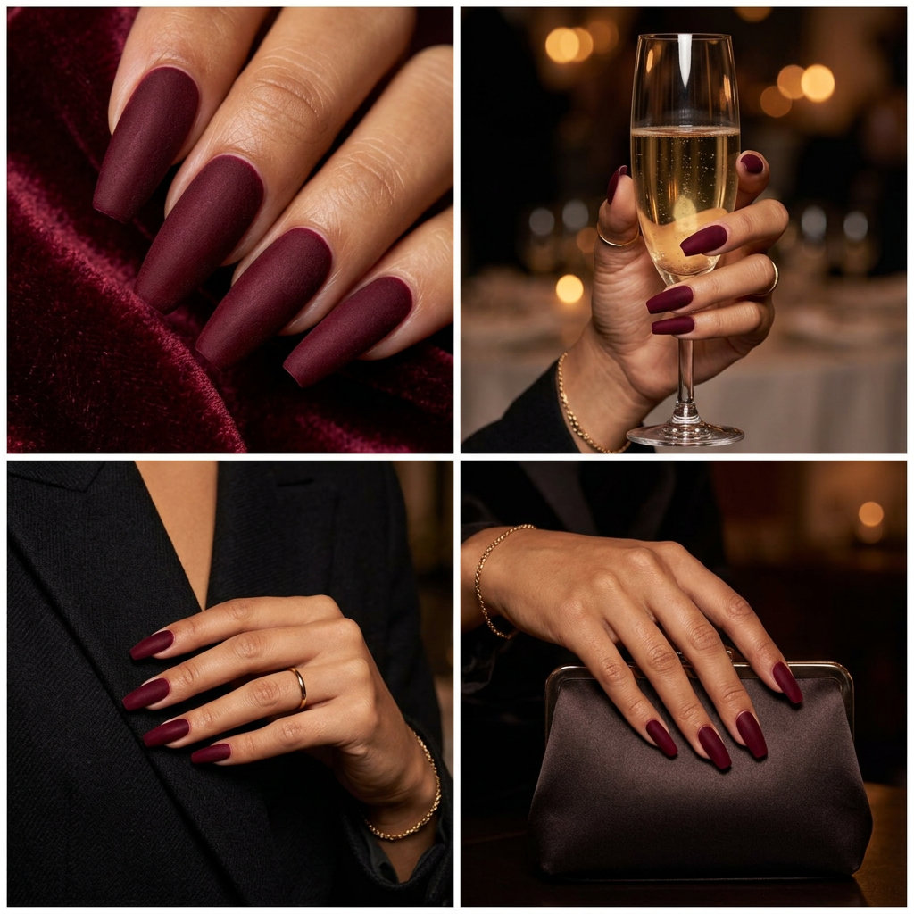 Velvet Burgundy Dusk Nails 2026 Velvet Burgundy Dusk coffin nails for summer nails coffin 2026, elegant for formal events and date nights.