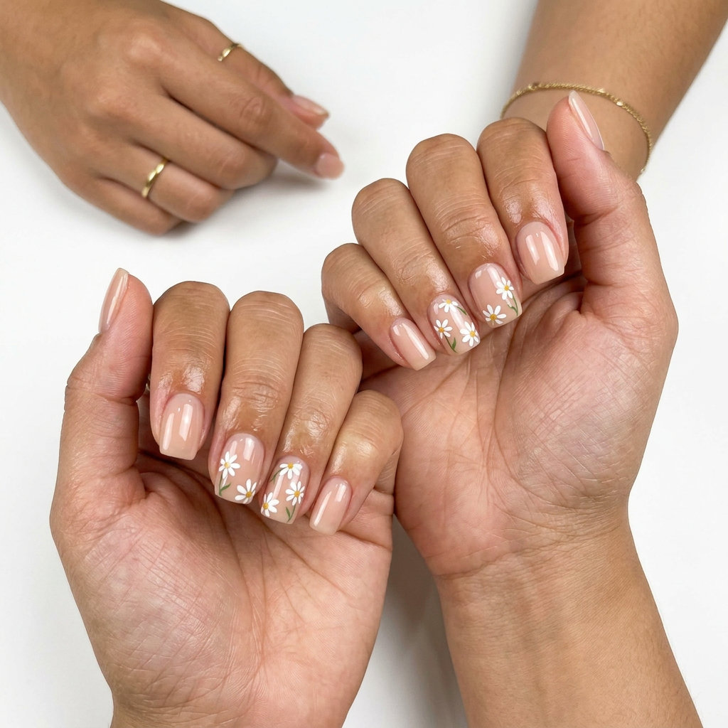 Daisy Meadow Sheer Square Nails 2026: Summer Vacation Daisy meadow sheer square nails for summer nails square 2026. Bohemian vacation & picnic style.